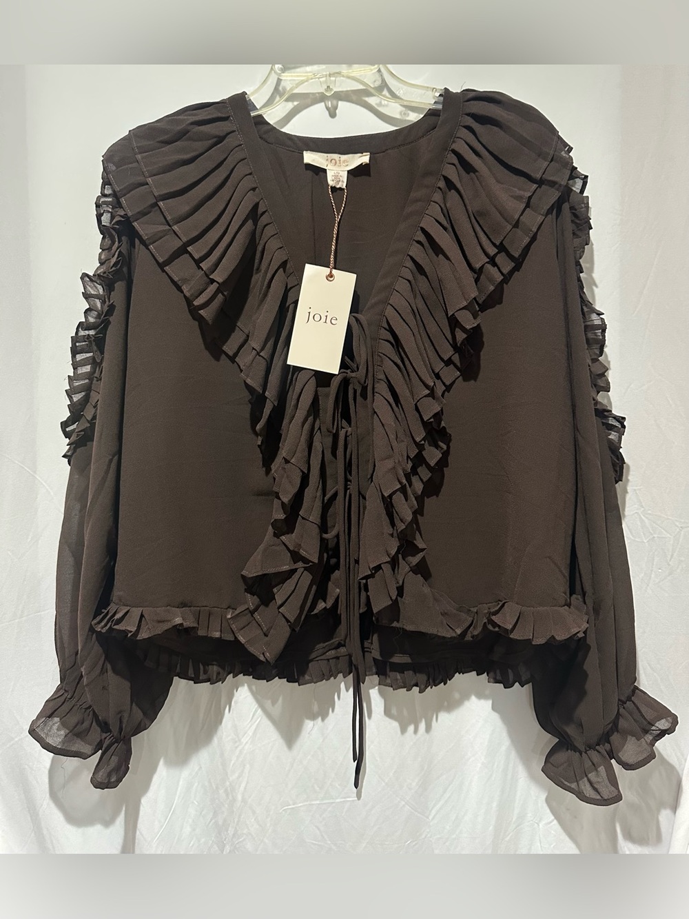 Joie Dark Brown Ruffle Tie-Front Satin Blouse - Size L